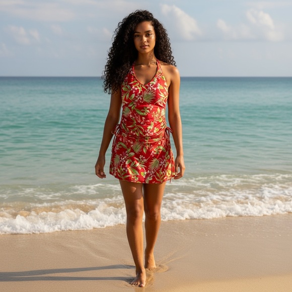 Beach bay Salmon pink & green tankini floral set gold detail & side ties size 8 - Picture 3 of 16